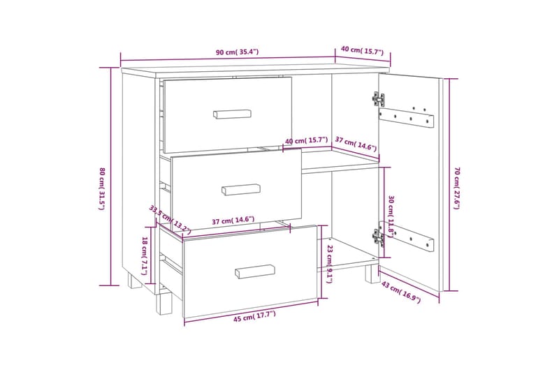 Skjenk honningbrun 90x40x80 cm heltre furu - Brun - Oppbevaring - Oppbevaringsmøbler - Sideboard & skjenk