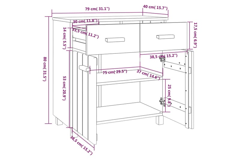 Skjenk lysegrå 79x40x80 cm heltre furu - Grå - Oppbevaring - Oppbevaringsmøbler - Sideboard & skjenk