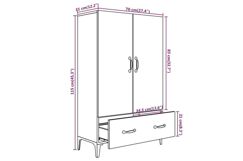 beBasic Highboard brun eik 70x31x115 cm konstruert tre - Brun - Oppbevaring - Skap - Oppbevaringsskap