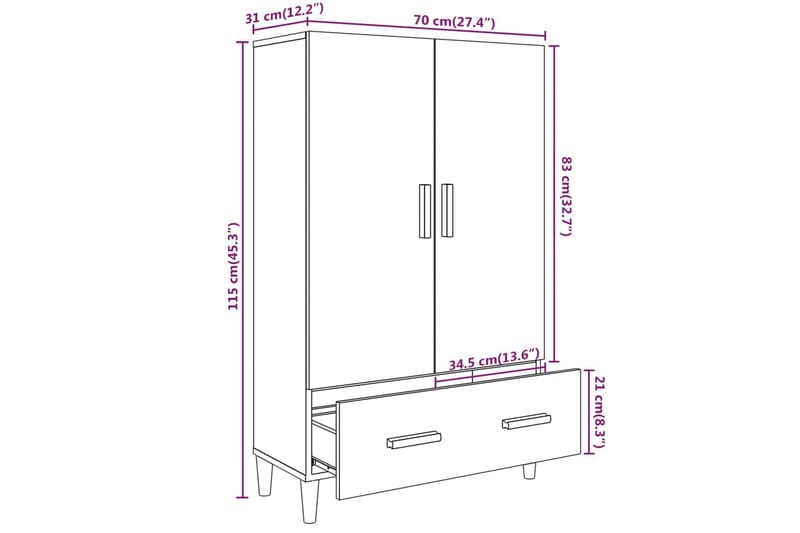 beBasic Highboard røkt eik 70x31x115 cm konstruert tre - Brun - Oppbevaring - Skap - Oppbevaringsskap