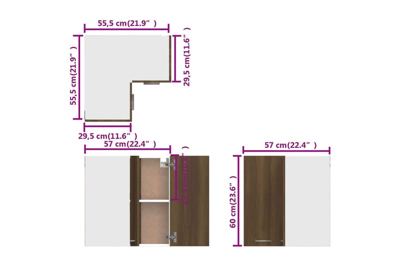 beBasic Vegghengt hjørneskap brun eik 57x57x60 cm konstruert tre - Brun - Oppbevaring - Skap - Oppbevaringsskap