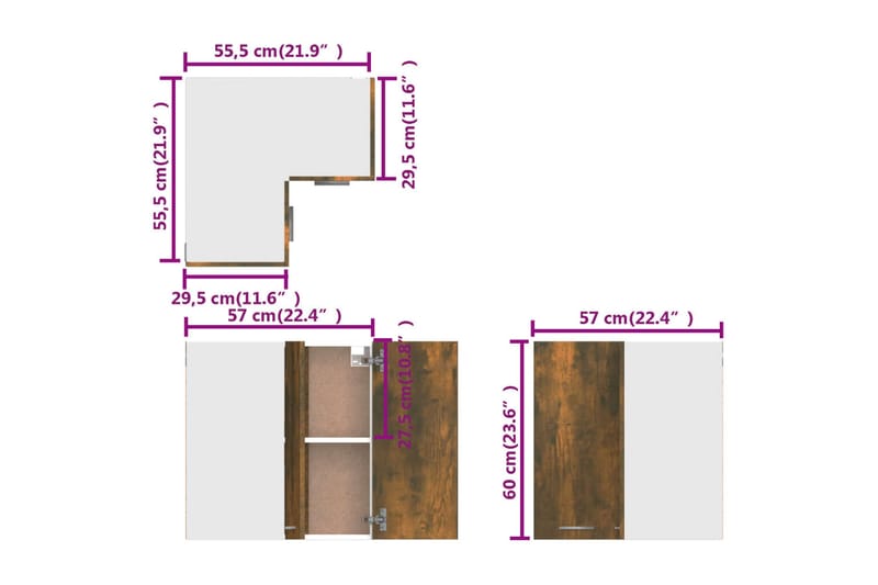 beBasic Vegghengt hjørneskap røkt eik 57x57x60 cm konstruert tre - Brun - Oppbevaring - Skap - Oppbevaringsskap