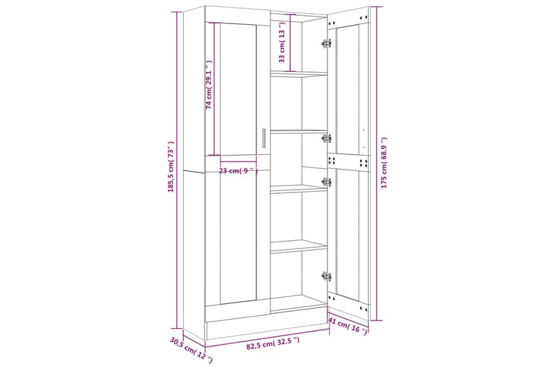 beBasic Vitrineskap røkt eik 82,5x30,5x185,5 cm konstruert tre - Brun - Oppbevaring - Skap - Vitrineskap