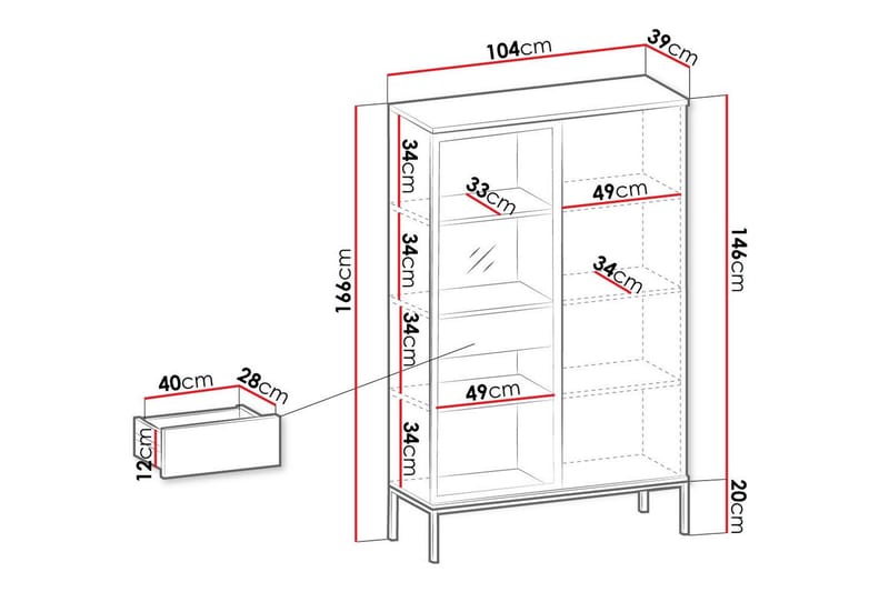 Klinkerville Vitrineskap svart display med belysning – Tre – D39xH166xB104 cm - Svart - Oppbevaring - Skap - Vitrineskap