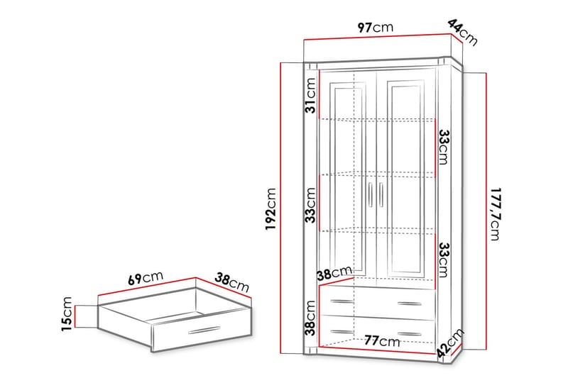 Vitrineskap Dallas 97x43,5x192 cm - Eik / Led-belysning - Oppbevaring - Skap - Vitrineskap